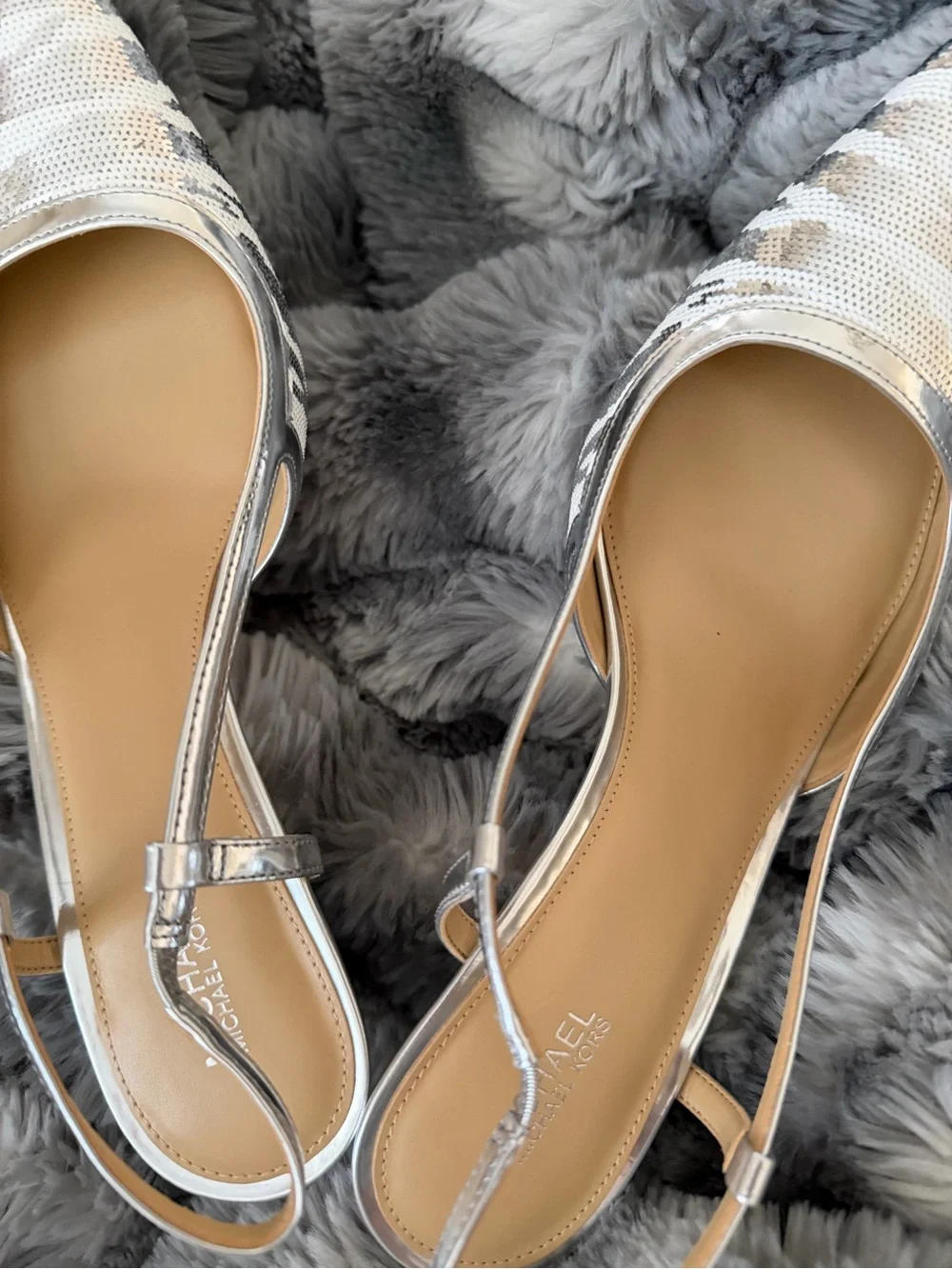 Michael Kors Silver Sequin Slingback Pointed-Toe Kitten Heels Size 9.5 $70 BNIB